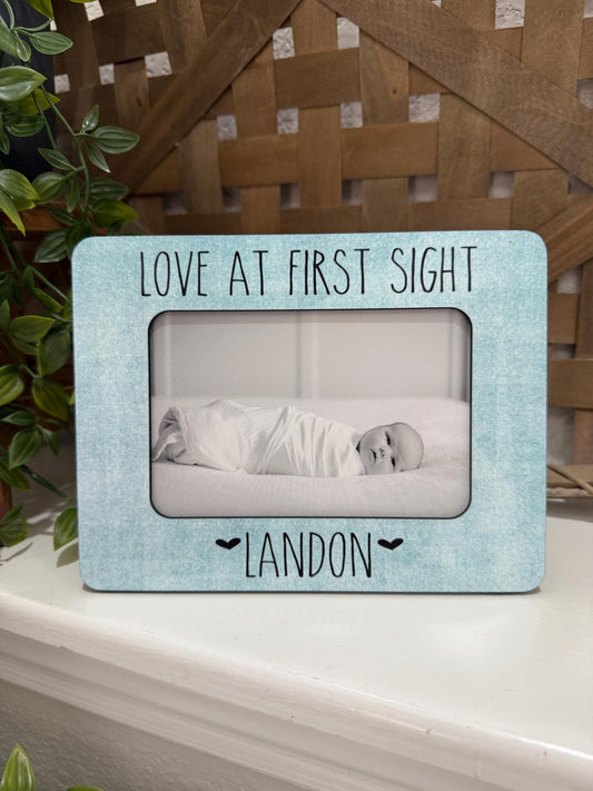 Personalized Baby Boy Picture Frame – Love at First Sight Gift with Name & Birth Date, Baby Shower Keepsake, Blue 4x6 Photo Frame