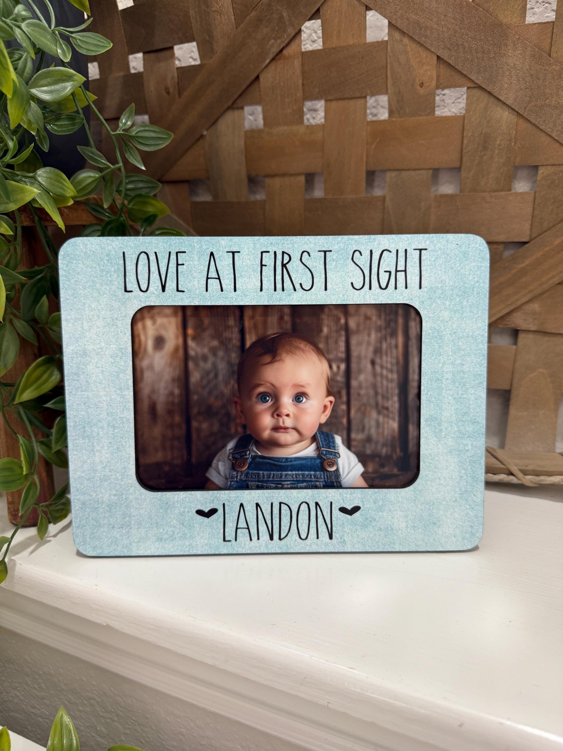Personalized Baby Boy Picture Frame – Love at First Sight Gift with Name & Birth Date, Baby Shower Keepsake, Blue 4x6 Photo Frame